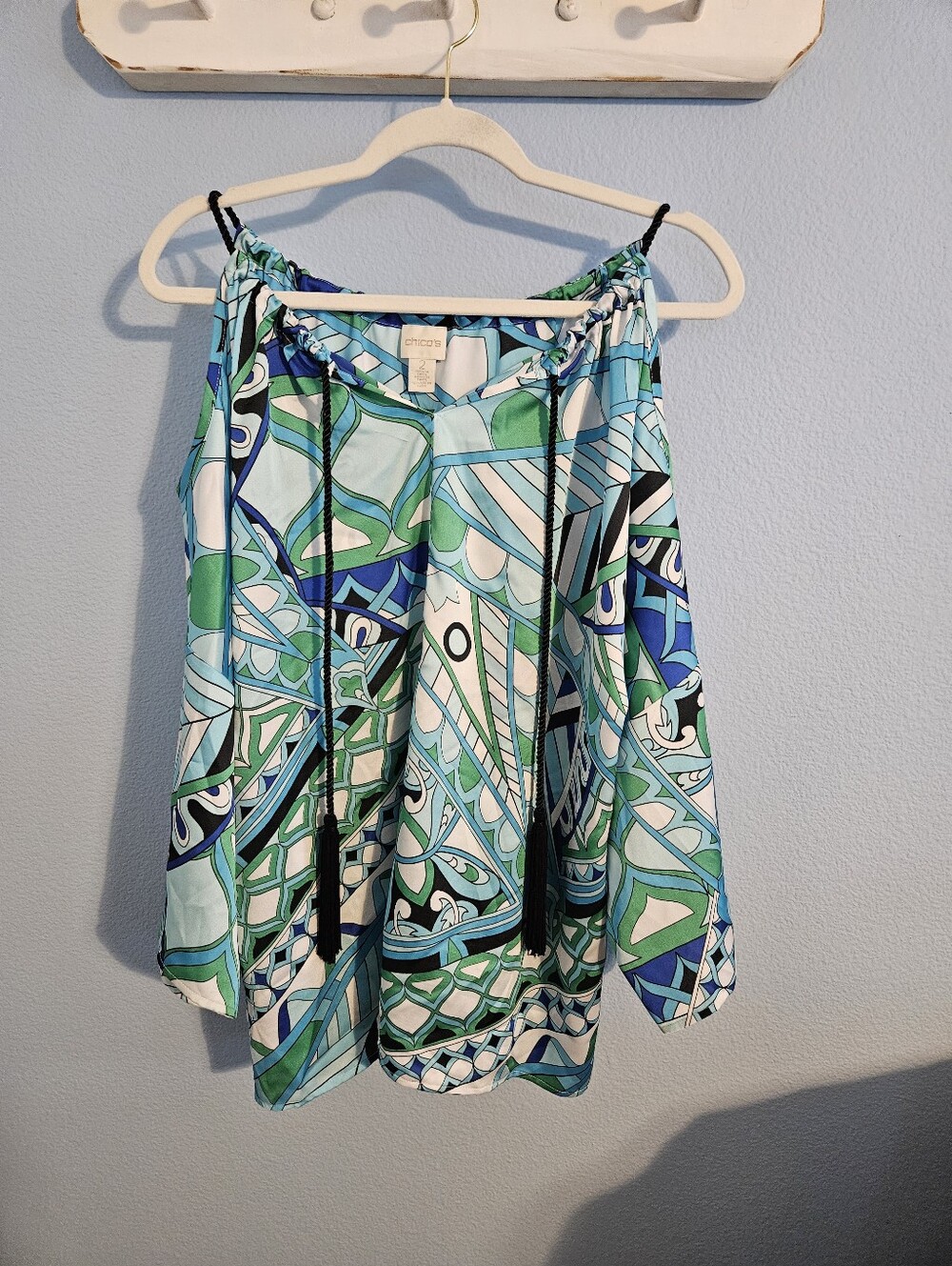 Chico's Blue, Green & White Off-Shoulder Printed Tunic